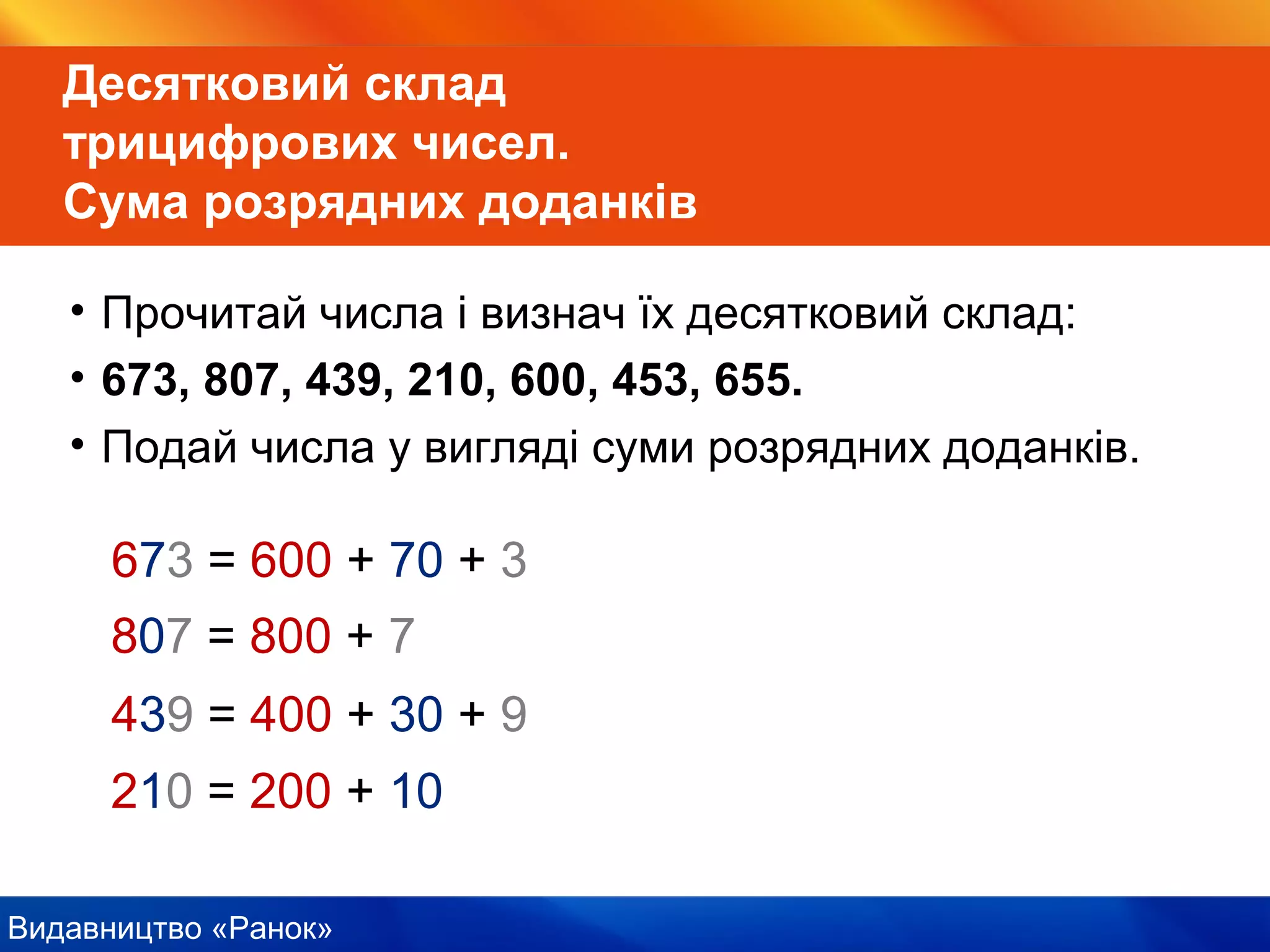 Видавництво «Ранок»
Десятковий склад
трицифрових чисел.
Сума розрядних доданків
• Прочитай числа і визнач їх десятковий склад:
• 673, 807, 439, 210, 600, 453, 655.
• Подай числа у вигляді суми розрядних доданків.
673 = 600 + 70 + 3
807 = 800 + 7
439 = 400 + 30 + 9
210 = 200 + 10
 