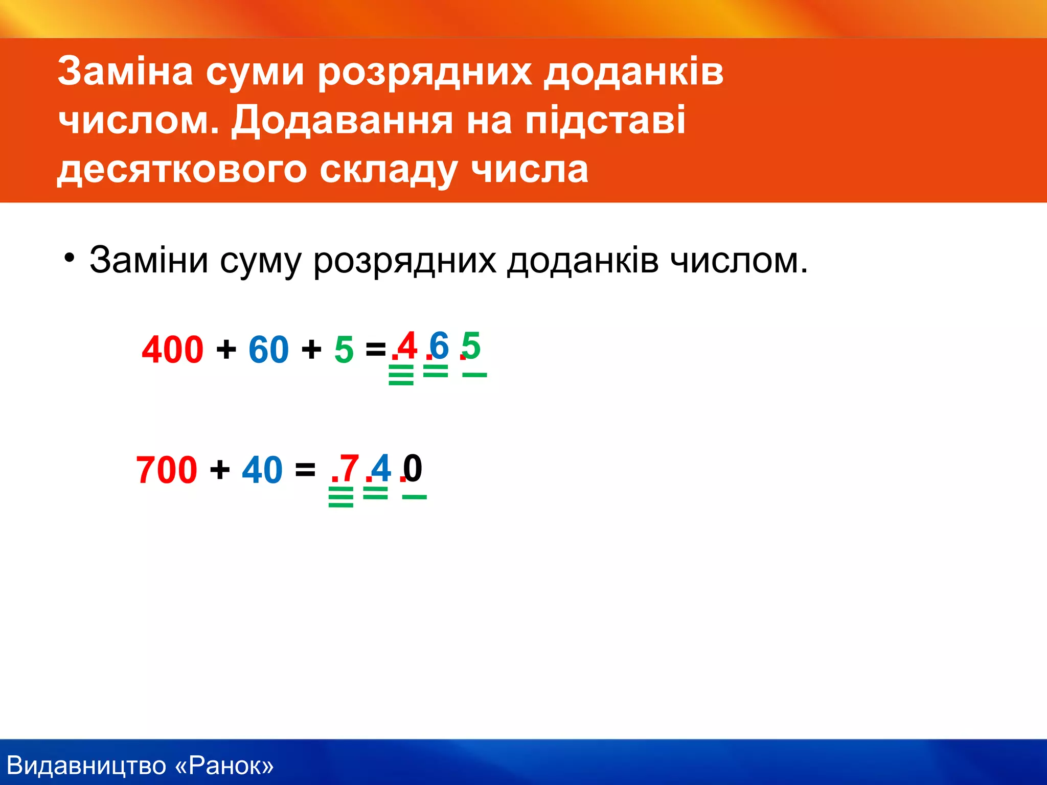 Видавництво «Ранок»
• Заміни суму розрядних доданків числом.
400 + 60 + 5 =. . .4 6 5
700 + 40 = . . .7 4 0
Заміна суми розрядних доданків
числом. Додавання на підставі
десяткового складу числа
 