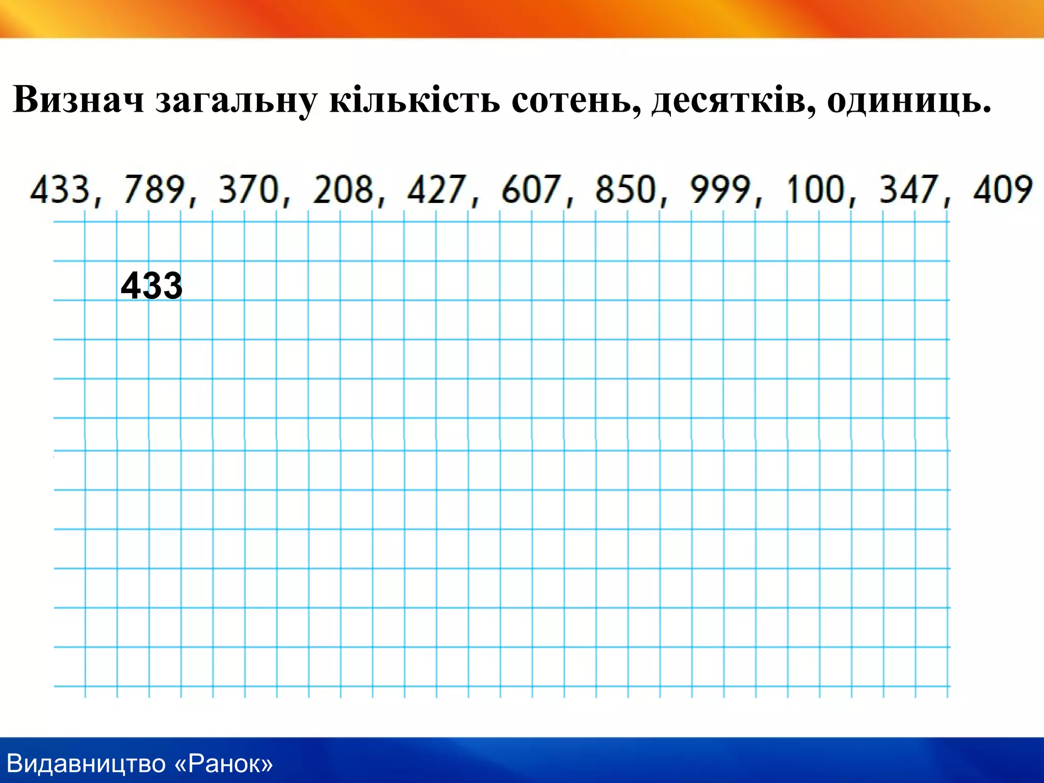 Видавництво «Ранок»
Визнач загальну кількість сотень, десятків, одиниць.
433
 