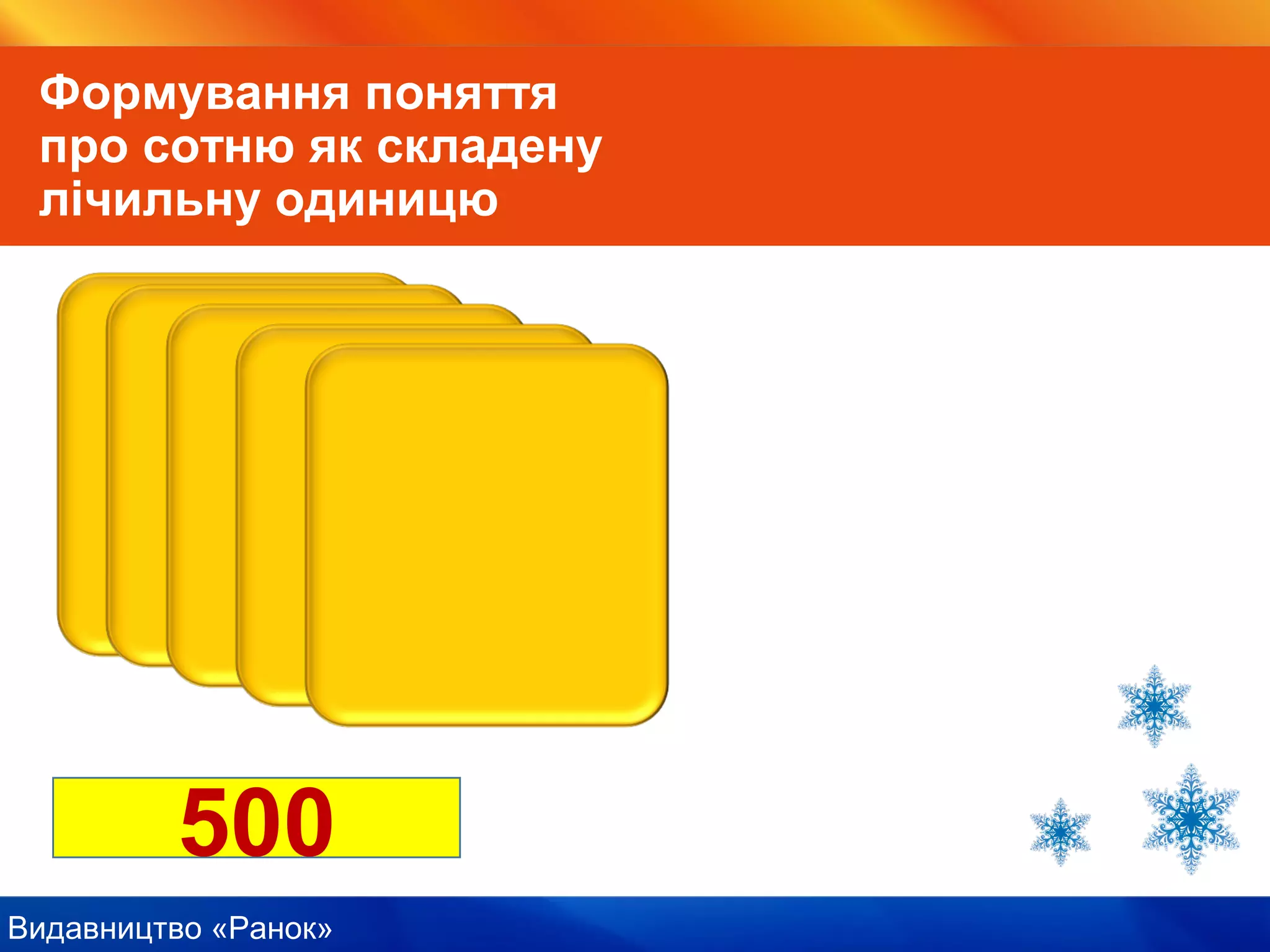 Видавництво «Ранок»
500
Формування поняття
про сотню як складену
лічильну одиницю
 