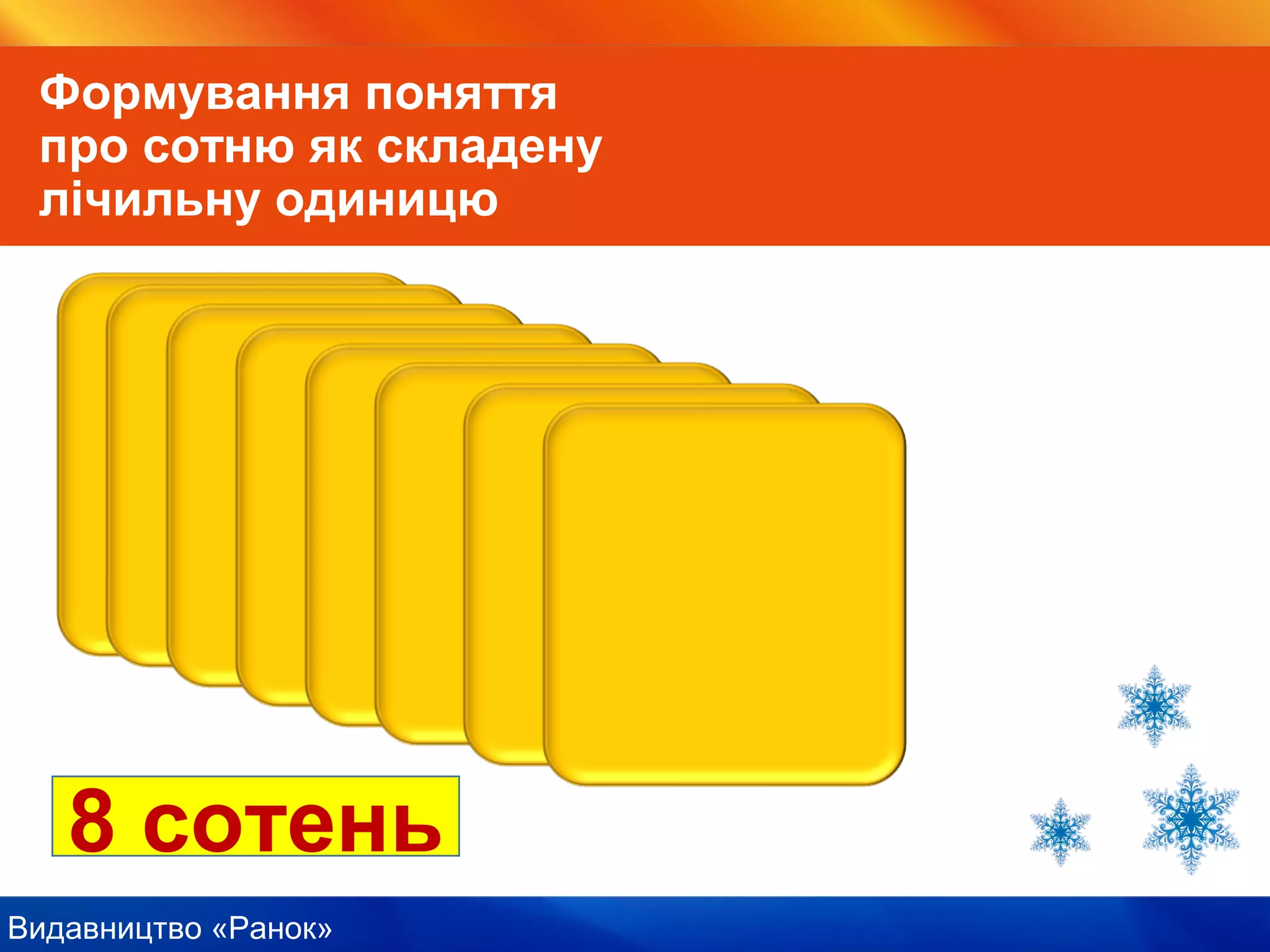 Видавництво «Ранок»
8 сотень
Формування поняття
про сотню як складену
лічильну одиницю
 