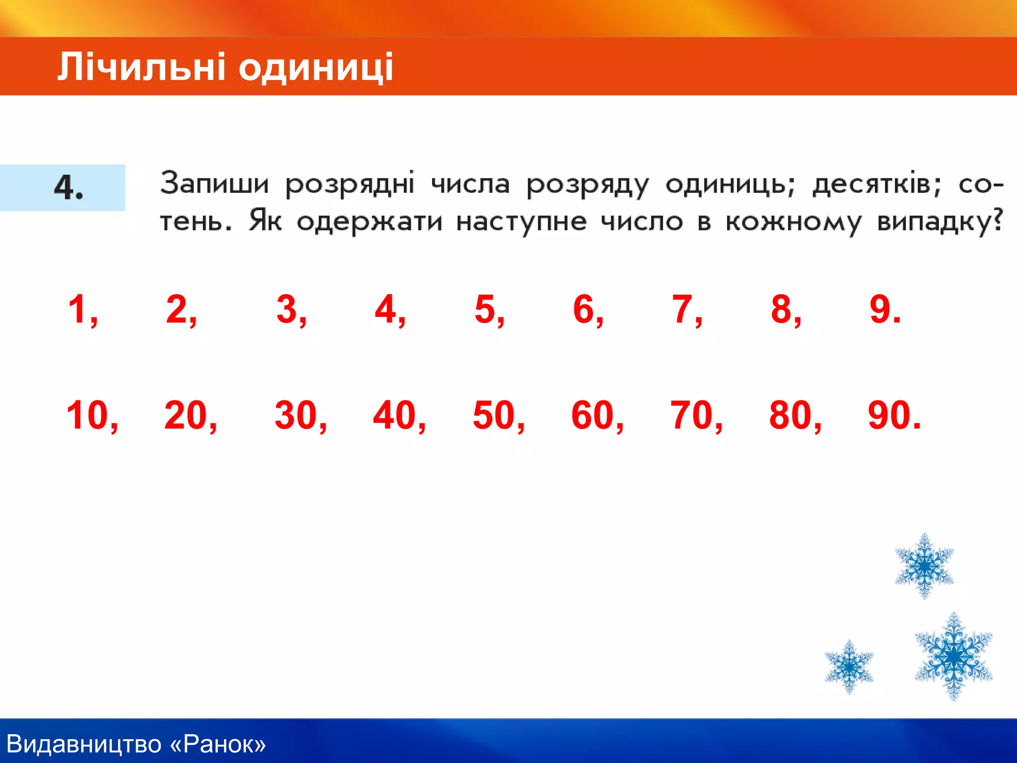 Видавництво «Ранок»
Лічильні одиниці
1, 2, 3, 4, 5, 6, 7, 8, 9.
10, 20, 30, 40, 50, 60, 70, 80, 90.
 