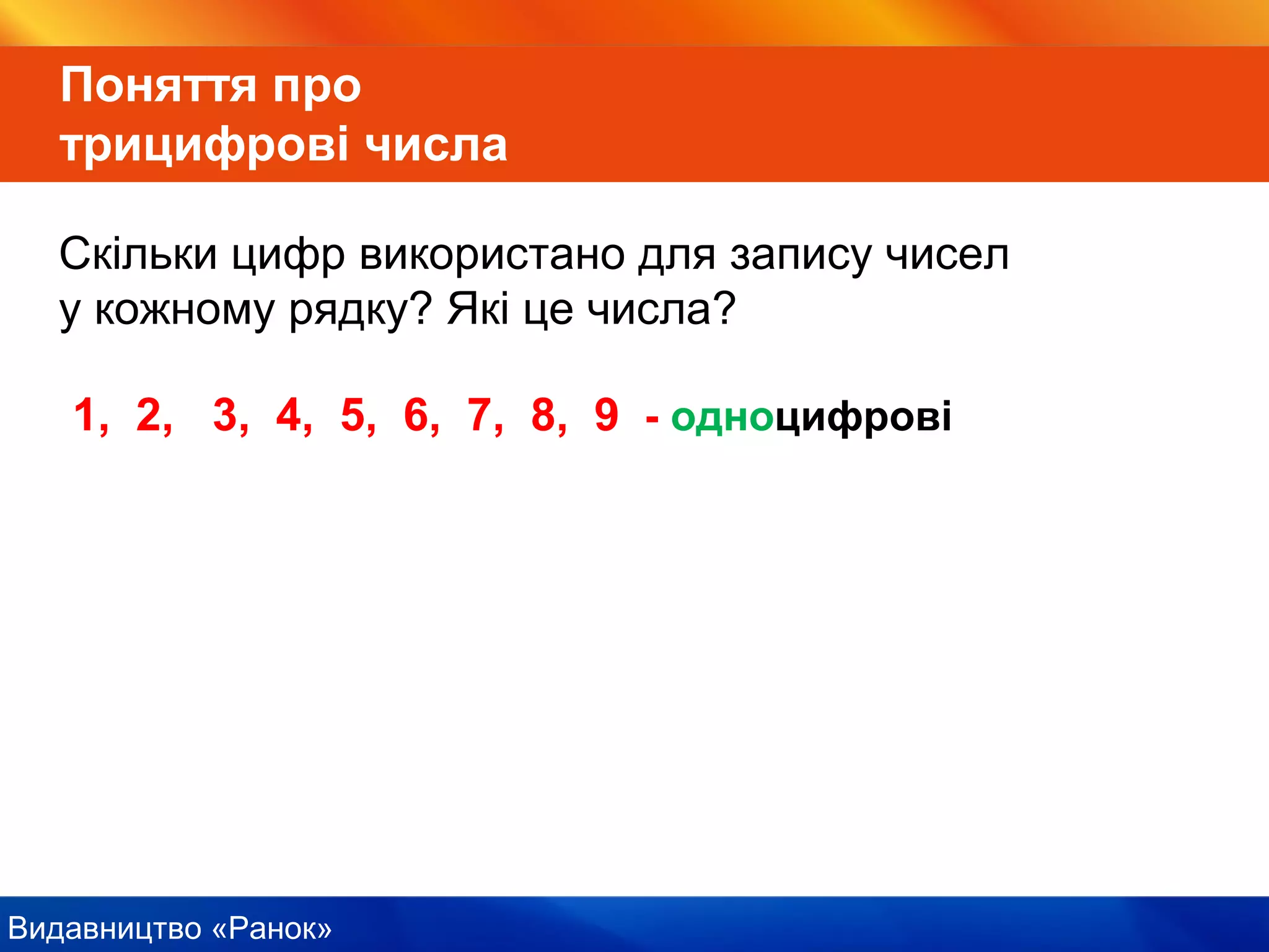 Видавництво «Ранок»
Поняття про
трицифрові числа
Скільки цифр використано для запису чисел
у кожному рядку? Які це числа?
1, 2, 3, 4, 5, 6, 7, 8, 9 - одноцифрові
 