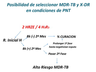 Posibilidad de seleccionar MDR-TB y X-DR
en condiciones de PNT
2 HRZE / 4 H3R3
R. Inicial H
Bk (-) 2º Mes
Bk (+) 2º Mes
% CURACION
Prolongar 1ª fase
hasta negativizar esputo
Pasar 2ª Fase
Alto Riesgo MDR-TB
 