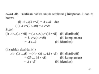 62
Contoh 30. Buktikan bahwa untuk sembarang himpunan A dan B,
bahwa
(i) A ∪(A ∩B) = A ∪B dan
(ii) A ∩(A ∪B) = A ∩B
Bukti:
(i) A ∪(A ∩B) = ( A ∪A) ∩(A ∩B) (H. distributif)
= U ∩ (A ∩B) (H. komplemen)
= A ∪B (H. identitas)
(ii) adalah dual dari (i)
A ∩(A ∪B) = (A ∩A) ∪ (A ∩B) (H. distributif)
= ∅ ∪ (A ∩B) (H. komplemen)
= A ∩B (H. identitas)
 