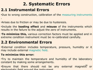 20
2. Systematic Errors
2.1 Instrumental Errors
•Due to wrong construction, calibration of the measuring instruments
.
•Arises due to friction or may be due to hysteresis.
•Include the loading effect and misuse of the instruments which
results in the failure to the adjust the zero of instruments.
•To minimize this, various correction factors must be applied and in
extreme condition instrument must be re-calibrated carefully.
2.2 Environmental Errors
•External condition includes temperature, pressure, humidity or it
may include external magnetic field.
To minimize this error:
•Try to maintain the temperature and humidity of the laboratory
constant by making some arrangements.
•Ensure that there should not be any external magnetic or
 