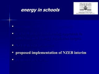 energy in schools
• our energy policy & design approach
• research projects informing approach to
achieving new energy regulation targets
• NZEB design priorities
• proposed implementation of NZEB interim
• proposed next steps
 