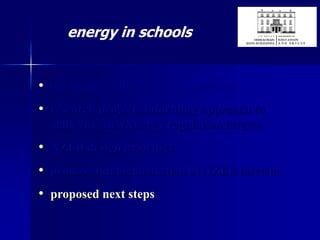 energy in schools
• our energy policy & design approach
• research projects informing approach to
achieving new energy regulation targets
• NZEB design priorities
• proposed implementation of NZEB interim
• proposed next steps
 