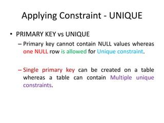 Applying Constraint - UNIQUE
• PRIMARY KEY vs UNIQUE
– Primary key cannot contain NULL values whereas
one NULL row is allowed for Unique constraint.
– Single primary key can be created on a table
whereas a table can contain Multiple unique
constraints.
 