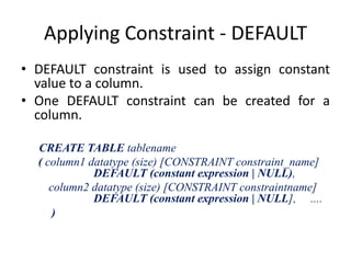 Applying Constraint - DEFAULT
• DEFAULT constraint is used to assign constant
value to a column.
• One DEFAULT constraint can be created for a
column.
CREATE TABLE tablename
( column1 datatype (size) [CONSTRAINT constraint_name]
DEFAULT (constant expression | NULL),
column2 datatype (size) [CONSTRAINT constraintname]
DEFAULT (constant expression | NULL], ....
)
 