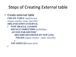 Steps of Creating External table
• Create external table
CREATE TABLE empExternal
(empno number, name char(20))
ORGANIZATION EXTERNAL
( TYPE ORACLE_LOADER
DEFAULT DIRECTORY extTabData
ACCESS PARAMETERS
(RECORD DELIMITED BY NEW LINE
FIELDS (empno number , name char(20))
)
LOCATION(‘filename.dat’)
)
 