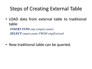 Steps of Creating External Table
• LOAD data from external table to traditional
table
INSERT INTO emp (empno,name)
SELECT empno,name FROM empExternal
• Now traditional table can be queried.
 