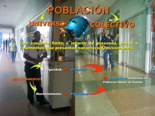 POBLACIÓNPOBLACIÓN
UNIVERSOUNIVERSO COLECTIVOCOLECTIVO
Un conjunto finito o infinito de personas, casos oUn conjunto finito o infinito de personas, casos o
elementos que presentan características comunes.elementos que presentan características comunes.
DEPARTAMENTO:DEPARTAMENTO:
Seguridad:Seguridad: 2626 PersonasPersonas
Mantenimiento:Mantenimiento: 1818 PersonasPersonas
4444 TrabajadoresTrabajadores conforman laconforman la
Población Objeto de EstudioPoblación Objeto de Estudio
 