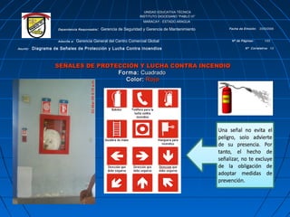 UNIDAD EDUCATIVA TÉCNICA
INSTITUTO DIOCESANO “PABLO VI”
MARACAY - ESTADO ARAGUA
Dependencia Responsable: Gerencia de Seguridad y Gerencia de Mantenimiento Fecha de Emisión: 23/03/2009
Adscrita a: Gerencia General del Centro Comercial Global Nº de Páginas: 1/23
Asunto: Diagrama de Señales de Protección y Lucha Contra Incendios Nº Correlativa: 1/2
SEÑALES DE PROTECCIÓN Y LUCHA CONTRA INCENDIOSEÑALES DE PROTECCIÓN Y LUCHA CONTRA INCENDIO
Forma:Forma: CuadradoCuadrado
Color:Color: RojoRojo
 