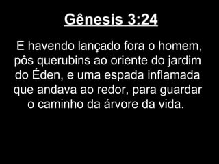 Gênesis 3:24
E havendo lançado fora o homem,
pôs querubins ao oriente do jardim
do Éden, e uma espada inflamada
que andava ao redor, para guardar
o caminho da árvore da vida.
 