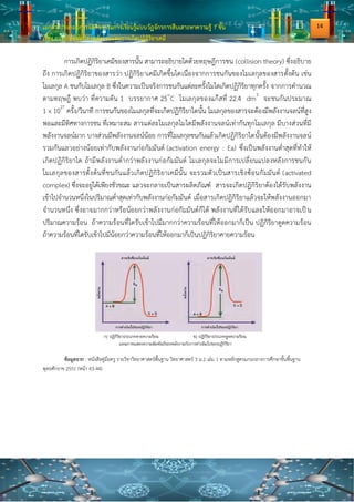 เอกสารประกอบการจัดกิจกรรมการเรียนรู้แบบวัฏจักรการสืบเสาะหาความรู้ 7 ขั้น
เรื่อง การเปลี่ยนแปลงพลังงานและการเกิดปฏิกิริยาเคมี
การเกิดปฏิกิริยาเคมีของสารนั้น สามารถอธิบายไดด้วยทฤษฎีการชน (collision theory) ซึ่งอธิบาย
ถึง การเกิดปฏิกิริยาของสารว่า ปฏิกิริยาเคมีเกิดขึ้นไดเนื่องจากการชนกันของโมเลกุลของสารตั้งต้น เช่น
โมเลกุล A ชนกับโมเลกุล B ซึ่งในความเป็นจริงการชนกันแต่ละครั้งไมไดเกิดปฏิกิริยาทุกครั้ง จากการคานวณ
ตามทฤษฎี พบว่า ที่ความดัน 1 บรรยากาศ 25๐
C โมเลกุลของแก๊สที่ 22.4 dm3
จะชนกันประมาณ
1 x 1027
ครั้ง/วินาที การชนกันของโมเลกุลที่จะเกิดปฏิกิริยาไดนั้น โมเลกุลของสารจะต้องมีพลังงานจลน์ที่สูง
พอและมีทิศทางการชน ที่เหมาะสม สารแต่ละโมเลกุลไมไดมีพลังงานจลน์เท่ากันทุกโมเลกุล มีบางส่วนที่มี
พลังงานจลน์มาก บางส่วนมีพลังงานจลน์น้อย การที่โมเลกุลชนกันแล้วเกิดปฏิกิริยาไดนั้นต้องมีพลังงานจลน์
รวมกันแลวอย่างน้อยเท่ากับพลังงานก่อกัมมันต์ (activation energy : Ea) ซึ่งเป็นพลังงานต่าสุดที่ทาให้
เกิดปฏิกิริยาได ถ้ามีพลังงานต่ากว่าพลังงานก่อกัมมันต์ โมเลกุลจะไมมีการเปลี่ยนแปลงหลังการชนกัน
โมเลกุลของสารตั้งต้นที่ชนกันแล้วเกิดปฏิกิริยาเคมีนั้น จะรวมตัวเป็นสารเชิงซ้อนกัมมันต์ (activated
complex) ซึ่งจะอยู่ได้เพียงชั่วขณะ แลวจะกลายเป็นสารผลิตภัณฑ์ สารจะเกิดปฏิกิริยาต้องได้รับพลังงาน
เข้าไปจานวนหนึ่งในปริมาณต่าสุดเท่ากับพลังงานก่อกัมมันต์ เมื่อสารเกิดปฏิกิริยาแล้วจะให้พลังงานออกมา
จานวนหนึ่ง ซึ่งอาจมากกว่าหรือน้อยกว่าพลังงานก่อกัมมันต์ก็ได้ พลังงานที่ได้รับและให้ออกมาอาจเป็น
ปริมาณความร้อน ถ้าความร้อนที่ไดรับเข้าไปมีมากกว่าความร้อนที่ให้ออกมาก็เป็น ปฏิกิริยาดูดความร้อน
ถ้าความร้อนที่ไดรับเข้าไปมีน้อยกว่าความร้อนที่ให้ออกมาก็เป็นปฏิกิริยาคายความร้อน
ข้อมูลจาก : หนังสือคู่มือครู รายวิชาวิทยาศาสตร์พื้นฐาน วิทยาศาสตร์ 3 ม.2 เล่ม 1 ตามหลักสูตรแกนกลางการศึกษาขั้นพื้นฐาน
พุทธศักราช 2551 (หน้า 43-44)
14
 