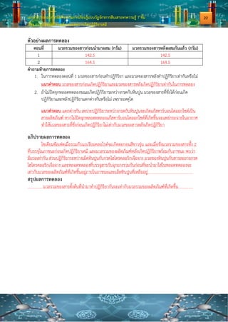 เอกสารประกอบการจัดกิจกรรมการเรียนรู้แบบวัฏจักรการสืบเสาะหาความรู้ 7 ขั้น
เรื่อง การเปลี่ยนแปลงพลังงานและการเกิดปฏิกิริยาเคมี
ตัวอย่างผลการทดลอง
ตอนที่ มวลรวมของสารก่อนนามาผสม (กรัม) มวลรวมของสารหลังผสมกันแล้ว (กรัม)
1 142.5 142.5
2 164.5 164.5
คาถามท้ายการทดลอง
1. ในการทดลองตอนที่ 1 มวลของสารก่อนทาปฏิกิริยา และมวลของสารหลังทาปฏิกิริยาเท่ากันหรือไม่
แนวคาตอบ มวลของสารก่อนเกิดปฏิกิริยาและมวลของสารหลังเกิดปฏิกิริยาเท่ากันในการทดลอง
2. ถ้าไม่ปิดจุกหลอดทดลองขณะเกิดปฏิกิริยาระหว่างกรดกับหินปูน มวลของสารที่ชั่งได้ก่อนเกิด
ปฏิกิริยาและหลังปฏิกิริยาแตกต่างกันหรือไม่ เพราะเหตุใด
แนวคาตอบ แตกต่างกัน เพราะปฏิกิริยาระหว่างกรดกับหินปูนจะเกิดแก๊สคาร์บอนไดออกไซด์เป็น
สารผลิตภัณฑ์ หากไม่ปิดจุกหลอดทดลองแก๊สคาร์บอนไดออกไซด์ที่เกิดขึ้นจะแพร่กระจายในอากาศ
ทาให้มวลของสารที่ชั่งก่อนเกิดปฏิกิริยาไม่เท่ากับมวลของสารหลังเกิดปฏิกิริยา
อภิปรายผลการทดลอง
โซเดียมซัลเฟตเมื่อรวมกับแบเรียมคลอไรด์จะเกิดตะกอนสีขาวขุ่น และเมื่อชั่งมวลรวมของสารทั้ง 2
ที่บรรจุในภาชนะก่อนเกิดปฏิกิริยาเคมี และมวลรวมของผลิตภัณฑ์หลังเกิดปฏิกิริยาพร้อมกับภาชนะ พบว่า
มีมวลเท่ากัน ส่วนปฏิกิริยาระหว่างเม็ดหินปูนกับกรดไฮโดรคลอริกเจือจาง มวลของหินปูนกับสารละลายกรด
ไฮโดรคลอริกเจือจาง และหลอดทดลองที่บรรจุสารกับจุกยางรวมกันก่อนที่จะนามาใส่ในหลอดทดลองจะ
เท่ากับมวลของผลิตภัณฑ์ที่เกิดขึ้นอยู่ภายในภาชนะและเม็ดหินปูนที่เหลืออยู่
สรุปผลการทดลอง
มวลรวมของสารตั้งต้นที่นามาทาปฏิกิริยากันจะเท่ากับมวลรวมของผลิตภัณฑ์ที่เกิดขึ้น
22
 