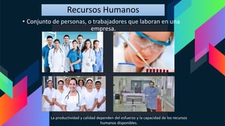 Recursos Humanos
• Conjunto de personas, o trabajadores que laboran en una
empresa.
La productividad y calidad dependen del esfuerzo y la capacidad de los recursos
humanos disponibles.
 