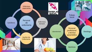 Personal
de
enfermería
Enfermera
especialista
Enfermera
General
Auxiliar de
Enfermería
Camilleros
Personal
profesional
y técnico
paramédico
Trabajo
Social
Dietóloga
Químicos
Laboratoristas
 