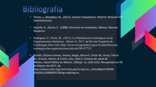 • Temes, J., Mengibar, M.. (2012). Gestion Hospitalaria. Madrid: McGraw-Hill
Interamericana.
• Fajardo, G., García, E.. (2008). Dirección de Hospitales. México: Manual
Moderno.
• Rodriguez, F., Peiró, M.. (2012). La Planificación Estratégica en las
Organizaciones Sanitarias . febrero 8, 2017, de Revista Española de
Cardiología Sitio web: http://www.revespcardiol.org/es/la-planificacion-
estrategica-las-organizaciones/articulo/90147732/
• Dantés, Octavio Gómez, Sesma, Sergio, Becerril, Victor M., Knaul, Felicia
M., Arreola, Héctor, & Frenk, Julio. (2011). Sistema de salud de
México. Salud Pública de México, 53(Supl. 2), s220-s232. Recuperado en 04
de febrero de 2017, de
http://www.scielo.org.mx/scielo.php?script=sci_arttext&pid=S0036-
36342011000800017&lng=es&tlng=es.
 