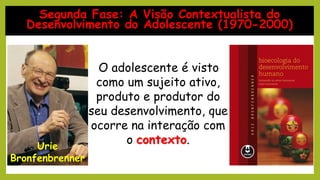 Segunda Fase: A Visão Contextualista do
Desenvolvimento do Adolescente (1970-2000)
Urie
Bronfenbrenner
O adolescente é visto
como um sujeito ativo,
produto e produtor do
seu desenvolvimento, que
ocorre na interação com
o contexto.
 