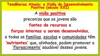 A visão positiva
preconiza que os jovens são
fontes de recursos e
forças internas a serem desenvolvidos,
e todas as famílias, escolas e comunidades têm
‘nutrientes’ que, alinhados, podem promover o
‘florescimento’ saudável desses jovens.
Tendências Atuais: a Visão do Desenvolvimento
Positivo (século XXI)
 