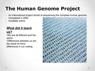 The Human Genome Project
- An international project aimed at sequencing the complete human genome.
- Completed in 2003
- Available online
What did it teach
us?
-We are all different and the
same.
-Differences between us are
the result of minor
differences in our coding.
 