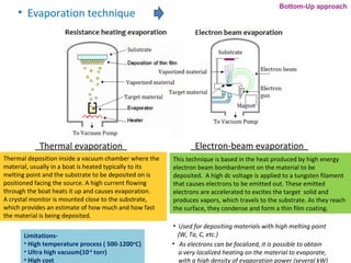 • Evaporation technique
Thermal evaporation Electron-beam evaporation
Thermal deposition inside a vacuum chamber where the
material, usually in a boat is heated typically to its
melting point and the substrate to be deposited on is
positioned facing the source. A high current flowing
through the boat heats it up and causes evaporation.
A crystal monitor is mounted close to the substrate,
which provides an estimate of how much and how fast
the material is being deposited.
This technique is based in the heat produced by high energy
electron beam bombardment on the material to be
deposited. A high dc voltage is applied to a tungsten filament
that causes electrons to be emitted out. These emitted
electrons are accelerated to excites the target solid and
produces vapors, which travels to the substrate. As they reach
the surface, they condense and form a thin film coating.
• Used for depositing materials with high melting point
(W, Ta, C, etc.)
• As electrons can be focalized, it is possible to obtain
a very localized heating on the material to evaporate,
with a high density of evaporation power (several kW)
Bottom-Up approach
Limitations-
• High temperature process ( 500-1200o
C)
• Ultra high vacuum(10-6
torr)
• High cost
 