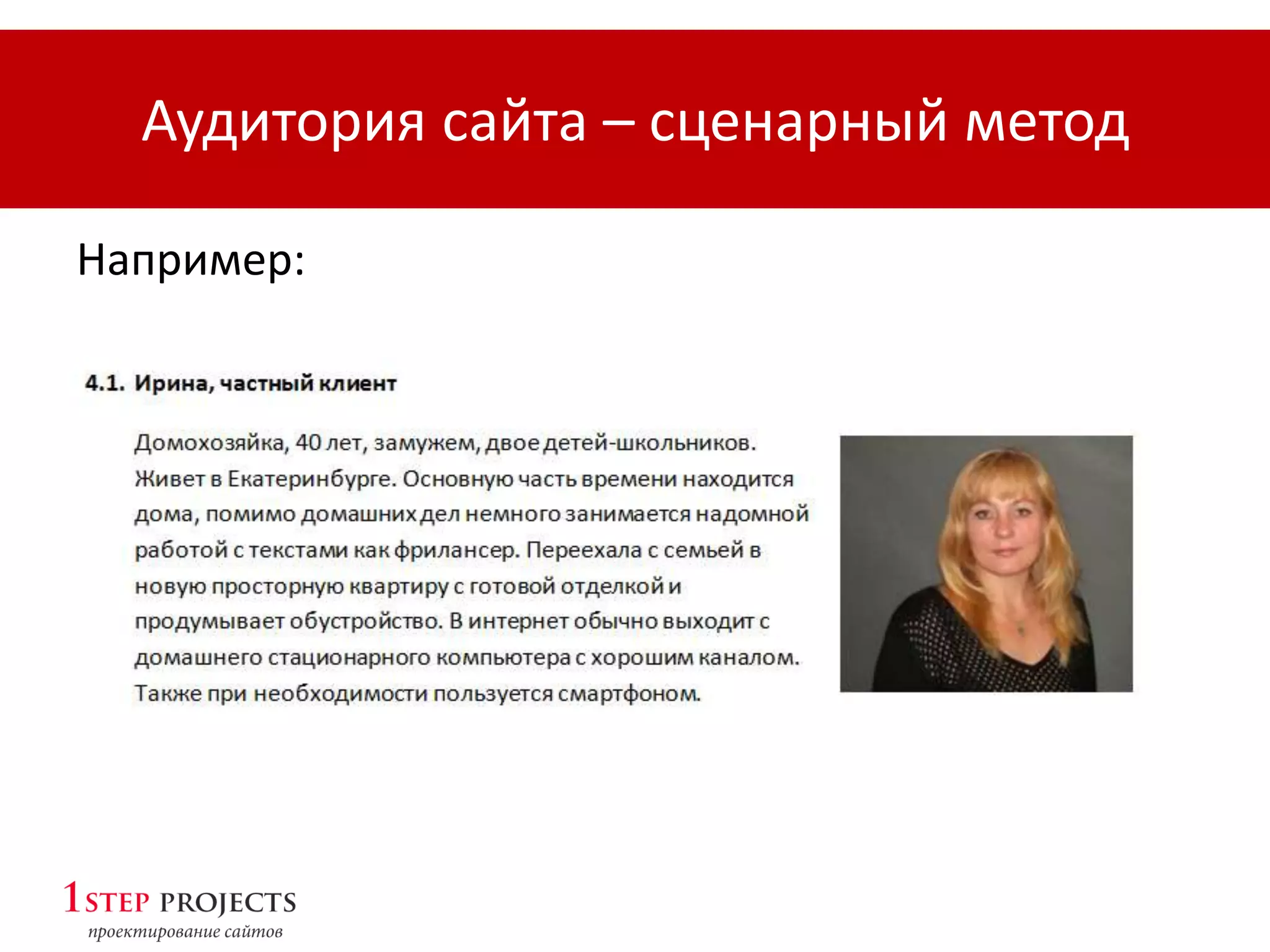 Аудитория сайта – сценарный метод
Например:
 