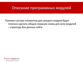 Описание программных модулей
Помимо состава элементов для каждого модуля будет
полезно сделать общую сводную схему для всех модулей
– структуру баз данных сайта
 