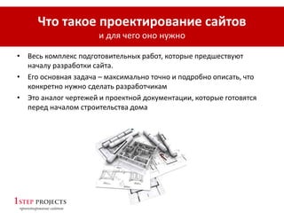 • Весь комплекс подготовительных работ, которые предшествуют
началу разработки сайта.
• Его основная задача – максимально точно и подробно описать, что
конкретно нужно сделать разработчикам
• Это аналог чертежей и проектной документации, которые готовятся
перед началом строительства дома
Что такое проектирование сайтов
и для чего оно нужно
 