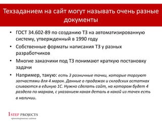 • ГОСТ 34.602-89 по созданию ТЗ на автоматизированную
систему, утвержденный в 1990 году
• Собственные форматы написания ТЗ у разных
разработчиков
• Многие заказчики под ТЗ понимают краткую постановку
задачи
• Например, такую: есть 3 розничные точки, которые торгуют
запчастями для 4 марок. Данные о продажах и складских остатках
сливаются в единую 1С. Нужно сделать сайт, на котором будет 4
раздела по маркам, с указанием какая деталь в какой из точек есть
в наличии.
Техзаданием на сайт могут называть очень разные
документы
 