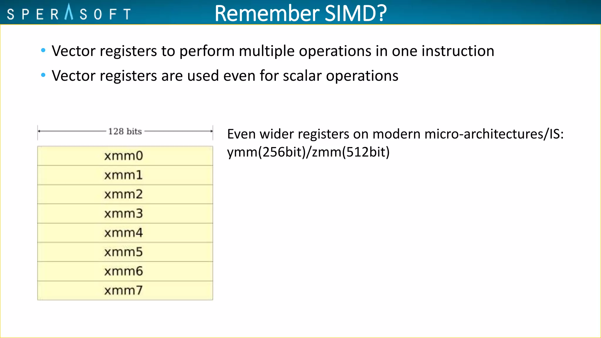 Remember SIMD?
• Vector registers to perform multiple operations in one instruction
• Vector registers are used even for scalar operations
Even wider registers on modern micro-architectures/IS:
ymm(256bit)/zmm(512bit)
 