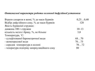 Оптимальні параметри роботи колонної дифузійної установки
Втрати сахарози в жомі, % до маси буряків 0,25…0,40
Відбір дифузійного соку, % до маси буряків 120
Якість бурякоіої стружки:
довжина 100 г стружки 10–13
кількість мезги і браку, %, не більше 3,0
Температура, ˚С:
- сульфітованої барометричної води 68…70
- жомопресової води 70…75
- середня температура в колоні 70…72
- тепература підігріву ципркуляційного соку 80
 