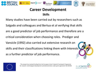 This project has received funding from the European Union’s Seventh Framework Programme
for research, technological development and demonstration under grant agreement No 643330
Career Development
Skills
Many studies have been carried out by researchers such as
Salgado and colleagues and Bertua et al verifying that skills
are a good predictor of job performance and therefore are a
critical consideration when choosing roles. Prediger and
Vansicle (1992) also carried out extensive research on
skills and their classifications linking them with Interests
as a further predictor of job performance.
 