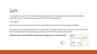 Split
-En ocasiones el primer sonido del corazón puede estar compuesta de dos sonidos distintos
separados por un intervalo muy pequeño (20-30 milisegundos).
-Fisiológico
-Se ausculta en borde esternal inferior izquierdo  componente tricuspídeo audible
-El componente mitral (causado por el cierre de la válvula mitral) viene primero y es más fuerte
que el componente tricúspide (causada por el cierre de la válvula tricúspide).
-Hipertensión, extrasístoles ventriculares, bloqueo de rama derecha.
 