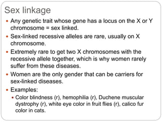 Sex linkage
 Any genetic trait whose gene has a locus on the X or Y
chromosome = sex linked.
 Sex-linked recessive alleles are rare, usually on X
chromosome.
 Extremely rare to get two X chromosomes with the
recessive allele together, which is why women rarely
suffer from these diseases.
 Women are the only gender that can be carriers for
sex-linked diseases.
 Examples:
 Color blindness (r), hemophilia (r), Duchene muscular
dystrophy (r), white eye color in fruit flies (r), calico fur
color in cats.
 