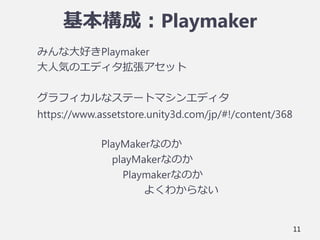 基本構成：Playmaker
みんな大好きPlaymaker
大人気のエディタ拡張アセット
グラフィカルなステートマシンエディタ
https://www.assetstore.unity3d.com/jp/#!/content/368
PlayMakerなのか
playMakerなのか
Playmakerなのか
よくわからない
11
 