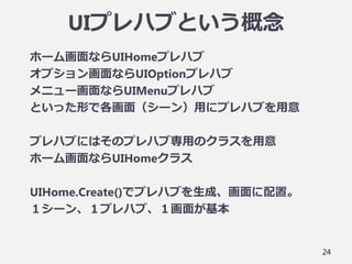 UIプレハブという概念
ホーム画面ならUIHomeプレハブ
オプション画面ならUIOptionプレハブ
メニュー画面ならUIMenuプレハブ
といった形で各画面（シーン）用にプレハブを用意
プレハブにはそのプレハブ専用のクラスを用意
ホーム画面ならUIHomeクラス
UIHome.Create()でプレハブを生成、画面に配置。
１シーン、１プレハブ、１画面が基本
24
 