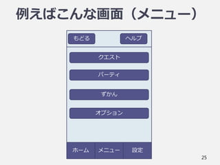 25
ホーム
もどる ヘルプ
クエスト
パーティ
ずかん
オプション
メニュー 設定
例えばこんな画面（メニュー）
 