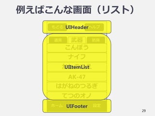 29
ホーム
もどる ヘルプ
道具
メニュー 設定
例えばこんな画面（リスト）
武器 防具
こんぼう
ナイフ
かしのつえ
AK-47
はがねのつるぎ
てつのオノ
UIHeader
UIFooter
UIItemList
 
