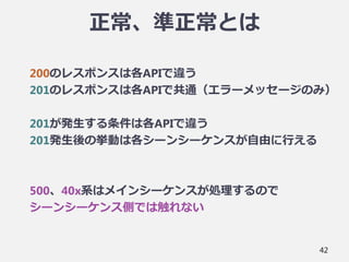 正常、準正常とは
200のレスポンスは各APIで違う
201のレスポンスは各APIで共通（エラーメッセージのみ）
201が発生する条件は各APIで違う
201発生後の挙動は各シーンシーケンスが自由に行える
500、40x系はメインシーケンスが処理するので
シーンシーケンス側では触れない
42
 