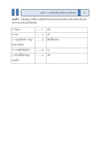 ตอนที่ 2 : จงจับคู่ข้อความที่มีความสัมพันธ์กันโดยนาอักษรย่อหน้าข้อความด้านหลังมาเติมลงใน
ช่องว่างความด้านหน้าให้ถูกต้อง
A. flipper …………1. ปลา
B. web ………….2. เต่า
C. กระดูกสันหลัง กระดูก
โคนขา หัวไหล่
………….3. สัตว์เลื้อยคลาน
D. การเคลื่อนที่รูปตัว S ………….4. กบ
E. กล้ามเนื้อยึดกระดูก
และครีบ
………….5. เสือ
เล่มที่ 3 การเคลื่อนที่ของสัตว์มีกระดูกสันหลัง 23.
 
