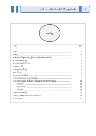 เรื่อง หน้า
คานา ................................................................................................................................
สารบัญ .............................................................................................................................
คาชี้แจงการใช้ชุดการเรียนรู้เรื่องการเคลื่อนที่ของสิ่งมีชีวิต................................................
คาแนะนาสาหรับครู............................................................................................................
คาแนะนาสาหรับนักเรียน....................................................................................................
ขั้นตอนการใช้......................................................................................................................
มาตรฐานการเรียนรู้............................................................................................................
ผลการเรียนรู้.......................................................................................................................
แบบทดสอบก่อนเรียน ......................................................................................................
ตารางวิเคราะห์มาตรฐานการเรียนรู้...................................................................................
ชุดการเรียนรู้เล่มที่ 3 เรื่องการเคลื่อนที่ของสัตว์มีกระดูกสันหลัง...............................
บัตรเนื้อหา ................................................................................................................
บัตรกิจกรรม .............................................................................................................
บัตรเฉลย ...................................................................................................................
แบบทดสอบหลังเรียน .......................................................................................................
เฉลยแบบทดสอบก่อนเรียนและหลังเรียน .......................................................................
บรรณานุกรม ....................................................................................................................
ก
ข
1
2
3
4
5
6
7
9
11
11
21
24
27
28
30
สารบัญ
ข.เล่มที่ 2 การเคลื่อนที่ของสัตว์ไม่มีกระดูกสันหลัง
 