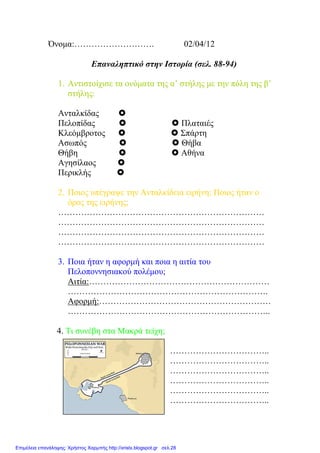 Όνοµα:………………………. 02/04/12
Επαναληπτικό στην Ιστορία (σελ. 88-94)
1. Αντιστοίχισε τα ονόµατα της α’ στήλης µε την πόλη της β’
στήλης:
Ανταλκίδας
Πελοπίδας Πλαταιές
Κλεόµβροτος Σπάρτη
Ασωπός Θήβα
Θήβη Αθήνα
Αγησίλαος
Περικλής
2. Ποιος υπέγραψε την Ανταλκίδεια ειρήνη; Ποιος ήταν ο
όρος της ειρήνης;
………………………………………………………………
………………………………………………………………
………………………………………………………………
………………………………………………………………
3. Ποια ήταν η αφορµή και ποια η αιτία του
Πελοποννησιακού πολέµου;
Αιτία:………………………………………………………
…………………………………………………………….
Αφορµή:……………………………………………………
……………………………………………………………..
4. Τι συνέβη στα Μακρά τείχη;
……………………………..
……………………………..
……………………………..
……………………………..
……………………………..
……………………………..
Επιμέλεια επανάληψης: Χρήστος Χαρμπής http://xristx.blogspot.gr σελ.28
 