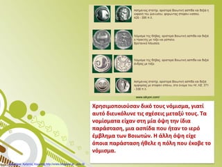 Χρησιμοποιούσαν δικό τους νόμισμα, γιατί
αυτό διευκόλυνε τις σχέσεις μεταξύ τους. Τα
νομίσματα είχαν στη μία όψη την ίδια
παράσταση, μια ασπίδα που ήταν το ιερό
έμβλημα των Βοιωτών. Η άλλη όψη είχε
όποια παράσταση ήθελε η πόλη που έκοβε το
νόμισμα.
www.sikyon.com/
Επιμέλεια: Χρήστος Χαρμπής http://xristx.blogspot.gr σελ.16
 