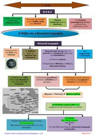 Αθηναίοι + Πλαταιείς ► Φιλικές σχέσεις
Η Θήβα και η βοιωτική συμμαχία
Βοιωτική συμμαχία
Ο αθηναϊκός στρατός ανάγκασε
τους Θηβαίους να αφήσουν
ήσυχους τους Πλαταιείς.
Πόλη της Βοιωτίας
χτισμένη σε
εύφορη πεδιάδα.
Το όνομά της προήλθε
από τη Θήβη, κόρη
του Ασωπού.
Οι Πλαταιείς αρνήθηκαν.
Ζήτησαν τη βοήθεια των
Αθηναίων.
Οι Θηβαίοι με τη βία
ήθελαν να οδηγήσουν
τους Πλαταιείς στη
συμμαχία.
Θ Η Β Α
Πρώτο
πολίτευμα ήταν η
βασιλεία.
Οι πλούσιοι
γαιοκτήμονες έδιωξαν
το βασιλιά και
κυβέρνησαν αυτοί.
Χρησιμοποιού-
σαν δικό τους
νόμισμα.
Θρησκευτικό κέντρο ήταν το
μαντείο του Ογχηστού (προς τιμή
του Ποσειδώνα).
● Γίνονταν αγώνες.
● Συμμετείχαν αθλητές απ’ όλες τις
βοιωτικές πόλεις.
Δε
συμμετείχαν
οι Πλαταιείς.
Η ΘΗΒΑ
Οι Θηβαίοι
είχαν την
αρχηγία της
συμμαχίας.
Ανταλκίδεια ειρήνη (386 π.Χ.)
Συμφωνία μεταξύ Σπαρτιατών και Περσών.
Οι Θηβαίοι
δ ε δ έ χ τ η κ α ν
τους όρους.
▼
Αν τους δέχονταν έπρεπε η βοιωτική συμμαχία
να διαλυθεί.
Οι ελληνικές πόλεις έπρεπε να είναι
α υ τ ό ν ο μ ε ς
δηλ. μόνες τους να κανονίζουν ό,τι τις
απασχολεί.
olgaporporiΕπιμέλεια: Χρήστος Χαρμπής http://xristx.blogspot.gr σελ.4
 
