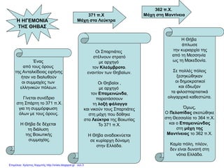 362 π.Χ.
Μάχη στη Μαντίνεια371 π.Χ
Μάχη στα Λεύκτρα
Ένας
από τους όρους
της Ανταλκίδειας ειρήνης
ήταν να διαλυθούν
οι συμμαχίες των
ελληνικών πόλεων.
Γίνεται συνέδριο
στη Σπάρτη το 371 π.Χ.
για τη συμμόρφωση
όλων με τους όρους.
Η Θήβα δε δέχεται
τη διάλυση
της Βοιωτικής
συμμαχίας.
Οι Σπαρτιάτες
στέλνουν στρατό
με αρχηγό
τον Κλεόμβροτο.
εναντίον των Θηβαίων.
Οι Θηβαίοι ,
με αρχηγό
τον Επαμεινώνδα,
παρατάσσουν
τη λοξή φάλαγγα
και νικούν τους Σπαρτιάτες
στη μάχη που δόθηκε
στα Λεύκτρα της Βοιωτίας
Το 371 π.Χ.
Η Θήβα αναδεικνύεται
σε κυρίαρχη δύναμη
στην Ελλάδα.
Η ΗΓΕΜΟΝΙΑ
ΤΗΣ ΘΗΒΑΣ
Η Θήβα
άπλωσε
την κυριαρχία της
από τη Μεσσηνία
ως τη Μακεδονία.
Σε πολλές πόλεις
ξεσηκώθηκαν
οι δημοκρατικοί
και έδιωξαν
τα φιλοσπαρτιατικά
ολιγαρχικά καθεστώτα.
Όμως,
Ο Πελοπίδας σκοτώθηκε
στη Θεσσαλία το 364 π.Χ.
και ο Επαμεινώνδας
στη μάχη της
Μαντίνειας το 362 π.Χ.
Καμία πόλη, πλέον,
δεν είναι δυνατή στη
νότια Ελλάδα.
Επιμέλεια: Χρήστος Χαρμπής http://xristx.blogspot.gr σελ.3
Σταυροπούλου Δήμητρα
 