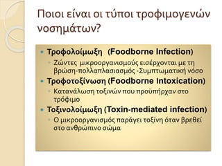 Ποιοι είναι οι τύποι τροφιμογενών
νοσημάτων?
 Τροφολοίμωξη (Foodborne Infection)
◦ Ζώντες μικροοργανισμούς εισέρχονται με τη
βρώση-πολλαπλασιασμός -Συμπτωματική νόσο
 Τροφοτοξίvωση (Foodborne Ιntoxication)
◦ Κατανάλωση τοξινών που προϋπήρχαν στο
τρόφιμο
 Τοξινολοίμωξη (Toxin-mediated infection)
◦ Ο μικροοργανισμός παράγει τοξίνη όταν βρεθεί
στο ανθρώπινο σώμα
 