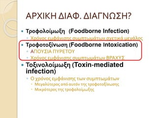 ΑΡΧΙΚΗ ΔΙΑΦ. ΔΙΑΓΝΩΣΗ?
 Τροφολοίμωξη (Foodborne Infection)
◦ Χρόνος εμφάνισης συμπτωμάτων σχετικά μεγάλος
 Τροφοτοξίvωση (Foodborne Ιntoxication)
◦ ΑΠΟΥΣΙΑ ΠΥΡΕΤΟΥ
◦ Χρόνος εμφάνισης συμπτωμάτων ΒΡΑΧΥΣ
 Τοξινολοίμωξη (Toxin-mediated
infection)
◦ Ο χρόνος εμφάνισης των συμπτωμάτων
 Μεγαλύτερος από αυτόν της τροφοτοξίvωσης
 Μικρότερος της τροφολοίμωξης
 